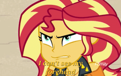 Size: 565x358 | Tagged: safe, derpibooru import, edit, screencap, sunset shimmer, equestria girls, equestria girls series, forgotten friendship, angry, angry eyes, animated, beach, clothes, discovery family, discovery family logo, female, gif, i can't see my forehead, image, jacket, logo, spongebob squarepants, text edit