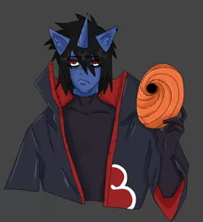 Size: 2000x2179 | Tagged: safe, derpibooru import, oc, unofficial characters only, anthro, unicorn, akatsuki, fanart, gray background, image, naruto, png, sharingan, simple background, tobi, uchiha obito