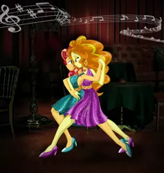 Size: 2196x2320 | Tagged: safe, artist:ponymaan, derpibooru import, adagio dazzle, sunset shimmer, equestria girls, backless, bare shoulders, clothes, dancing, duo, female, high heels, high res, image, lesbian, music notes, png, shipping, shoes, sleeveless, sunsagio, tango