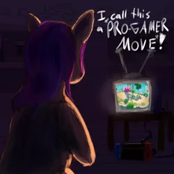 Size: 2048x2048 | Tagged: safe, artist:dummyhorse, derpibooru import, sunny starscout, earth pony, pony, facing away, female, g5, image, jpeg, mare, nintendo switch, solo, television