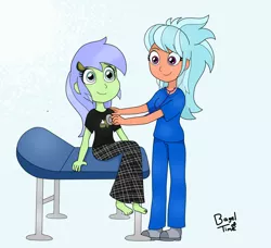 Size: 2144x1952 | Tagged: safe, artist:bageloftime, derpibooru import, frosty orange, key lime, equestria girls, checkup, clothes, commission, exam table, image, jpeg, nurse, pajamas, scrubs (gear), stethoscope