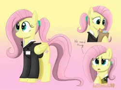 Size: 2732x2048 | Tagged: safe, artist:lordshrekzilla20, derpibooru import, fluttershy, fanfic:a king to a god, clipboard, clothes, godzilla vs kong, image, jpeg, name tag, pencil, ponytail, we need kong