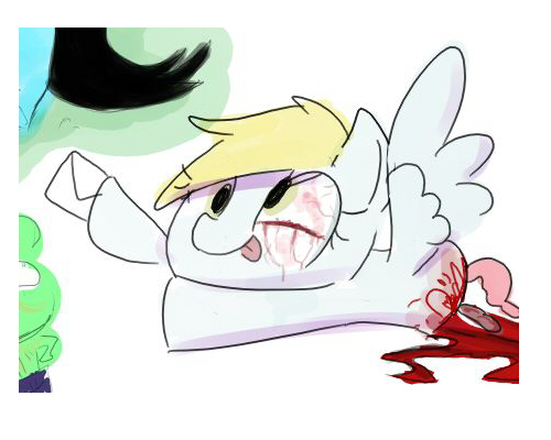 Size: 500x400 | Tagged: grimdark, grotesque, artist:thegalen, derpibooru import, derpy hooves, pegasus, pony, bisection, blood, bloodshot eyes, dead, eye scream, female, gore, guts, image, intestines, jpeg, letter, lying down, mare, organs, prone, smiling, solo, spread wings, tongue out, wings