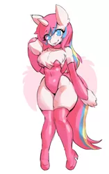 Size: 1883x3000 | Tagged: suggestive, artist:borvart, derpibooru import, oc, oc:nekonin, unofficial characters only, alicorn, :p, alicorn oc, boots, breast fluff, clothes, femboy, gloves, horn, image, jpeg, leotard, long gloves, male, shoes, tongue out, wings