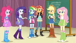 Size: 3410x1920 | Tagged: safe, derpibooru import, screencap, applejack, fluttershy, pinkie pie, rainbow dash, rarity, sunset shimmer, equestria girls, friendship games, applejack's hat, belt, boots, bracelet, chalkboard, clothes, cowboy hat, cutie mark, cutie mark on clothes, denim skirt, female, hairpin, hat, high heel boots, high res, humane five, image, jacket, jewelry, jpeg, leather, leather jacket, shoes, skirt, smiling