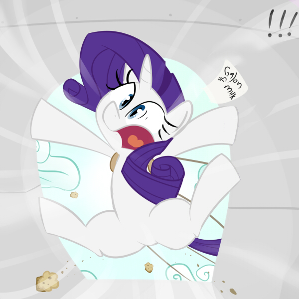 Size: 600x600 | Tagged: safe, artist:thegalen, derpibooru import, rarity, pony, unicorn, cloud, exclamation point, female, food, image, jpeg, mare, muffin, open mouth, plane, scared, screaming, shrunken pupils, solo