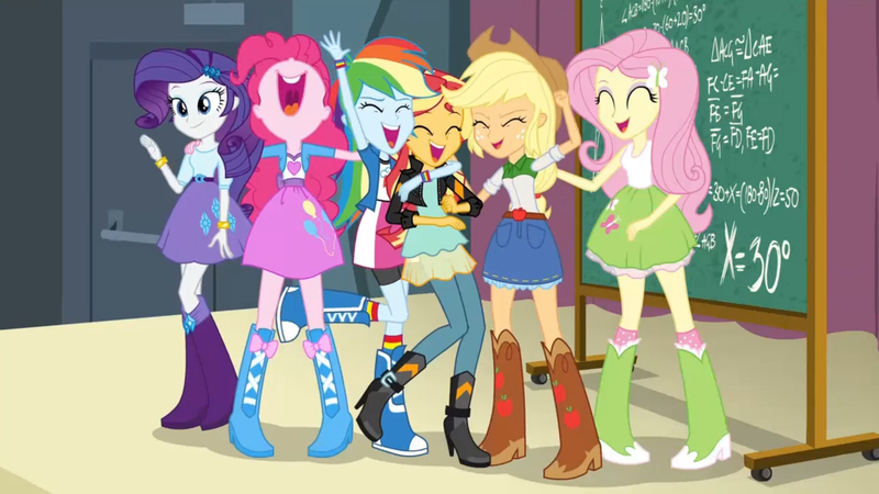 Size: 3410x1920 | Tagged: safe, derpibooru import, screencap, applejack, fluttershy, pinkie pie, rainbow dash, rarity, sunset shimmer, equestria girls, friendship games, ^^, applejack's hat, boots, bracelet, chalkboard, clothes, cowboy hat, cutie mark, cutie mark on clothes, denim skirt, eyes closed, female, hairpin, hat, high heel boots, high res, humane five, image, jacket, jewelry, jpeg, leather, leather jacket, nose in the air, open mouth, open smile, shoes, skirt, smiling, uvula, volumetric mouth