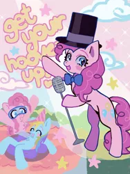 Size: 1668x2224 | Tagged: safe, artist:cupidmotel, derpibooru import, pinkie pie, rainbow dash, earth pony, pegasus, pony, bipedal, blush sticker, blushing, bowtie, goggles, hat, image, inner tube, microphone, open mouth, open smile, party hat, png, smiling, spotlight, swimming goggles, top hat, water