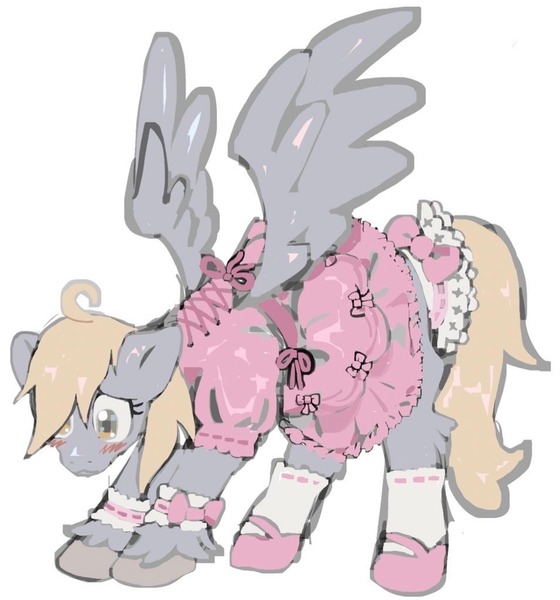 Size: 954x1023 | Tagged: safe, artist:cupidmotel, derpibooru import, derpy hooves, pegasus, pony, blushing, clothes, dress, image, jpeg, simple background, socks, solo, spread wings, white background, wings