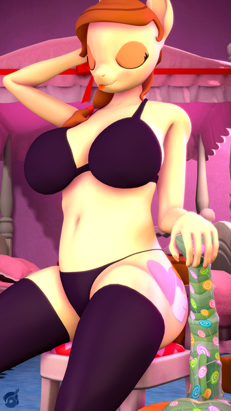 Size: 2160x3840 | Tagged: suggestive, artist:silkworm205, derpibooru import, oc, oc:cream heart, anthro, earth pony, 3d, anthro oc, arm behind head, bed, big breasts, bra, breasts, clothes, derpibooru exclusive, dildo, eyes closed, female, horsecock dildo, image, leggings, panties, png, revamped anthros, sex toy, solo, solo female, tongue out, underwear, wide hips