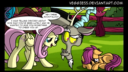 Size: 1280x720 | Tagged: safe, artist:veggie55, artist:wubcakeva, derpibooru import, discord, fluttershy, scootaloo, bear, draconequus, pegasus, pony, animated, comic, comic dub, female, filly, foal, image, male, mare, plushie, sound, teddy bear, voice acting, webm