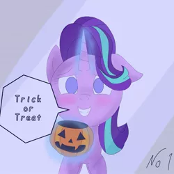 Size: 1575x1575 | Tagged: safe, artist:zeon_starlight, derpibooru import, starlight glimmer, pony, unicorn, female, grin, halloween, holiday, horn, image, jpeg, looking at you, magic, magic aura, mare, pumpkin bucket, smiling, smiling at you, solo, speech bubble, telekinesis, trick or treat