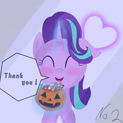 Size: 1575x1575 | Tagged: safe, artist:zeon_starlight, derpibooru import, starlight glimmer, pony, unicorn, candy, eyes closed, female, food, halloween, heart, holiday, horn, image, jpeg, magic, magic aura, mare, open mouth, open smile, pumpkin bucket, smiling, solo, speech bubble, telekinesis, thank you, trick or treat