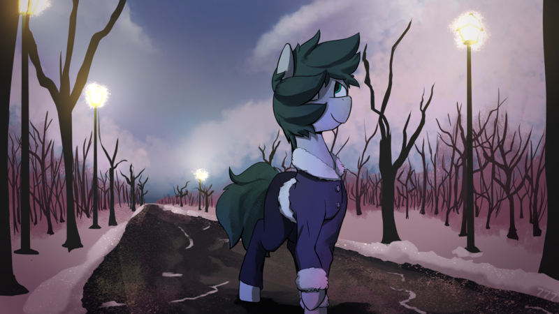 Size: 1920x1080 | Tagged: safe, artist:triplesevens, derpibooru import, oc, oc:pencil pusher, pony, image, outdoors, png, snow, solo, winter