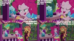 Size: 1280x720 | Tagged: safe, derpibooru import, edit, edited screencap, editor:quoterific, screencap, pinkie pie, sunset shimmer, equestria girls, equestria girls series, sunset's backstage pass!, spoiler:eqg series (season 2), clothes, crossed arms, cutie mark, cutie mark on clothes, eyes closed, female, geode of empathy, geode of sugar bombs, image, jpeg, magical geodes, music festival outfit, open mouth, open smile, smiling, text