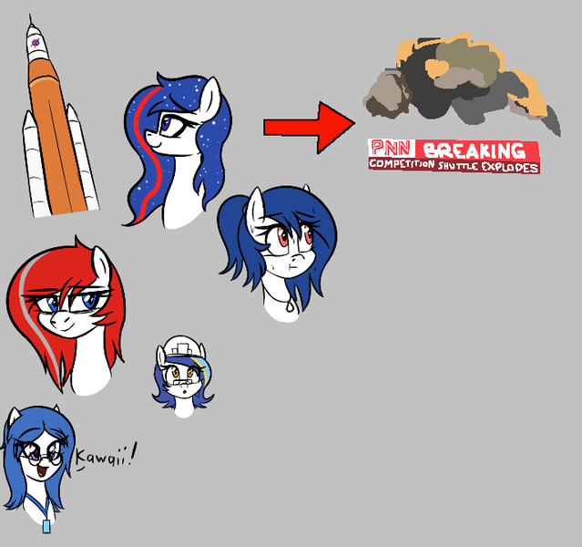 Size: 709x666 | Tagged: safe, artist:seafooddinner, derpibooru import, oc, oc:jaxapone, oc:nasapone, oc:roscosmospone, oc:spacexpone, oc:ulapone, unofficial characters only, earth pony, pony, aggie.io, bust, clothes, cnn, dialogue, earth pony oc, explosion, eye clipping through hair, eyebrows, eyebrows visible through hair, female, glasses, gray background, hard hat, hat, image, jewelry, mare, nasa, necklace, nervous, open mouth, png, pnn, rocket, simple background, sls, smiling, sweat, talking