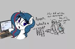 Size: 639x417 | Tagged: safe, artist:kabayo, artist:seafooddinner, oc, oc:anon, oc:nasapone, changeling, earth pony, pony, acronym, aggie.io, angry, computer, ear fluff, female, goggles, image, looking back, mare, open mouth, png, pointing, simple background, talking