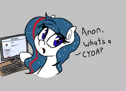 Size: 470x342 | Tagged: safe, artist:seafooddinner, derpibooru import, oc, oc:nasapone, unofficial characters only, earth pony, pony, /mlp/, 4chan, aggie.io, computer, cyoa, dialogue, ear fluff, earth pony oc, eye clipping through hair, eyebrows, eyebrows visible through hair, female, gray background, image, implied anon, keyboard, looking back, mare, monitor, open mouth, png, simple background, solo, talking
