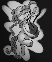 Size: 2490x2972 | Tagged: safe, artist:swagstapiece, derpibooru import, earth pony, pony, bagpipes, bipedal, black and white, dreadlocks, frog (hoof), grayscale, hair over eyes, image, jpeg, monochrome, musical instrument, puffy cheeks, solo, underhoof