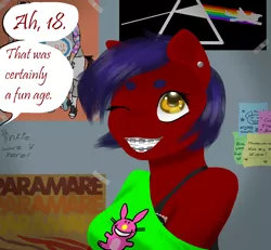 Size: 1300x1200 | Tagged: safe, alternate version, artist:horsesrnaked, derpibooru import, oc, oc:fluffycuffs, anthro, earth pony, barely legal, bra, bra strap, bright colors, clothes, dialogue, dialogue box, dialogue edit, ear piercing, earring, eyebrows, flashback, graffiti, image, it's happy bunny, jewelry, off shoulder shirt, one eye closed, piercing, pink floyd, png, poster, poster parody, scene kid, solo, speech bubble, sticky note, tape, text, underwear, wink