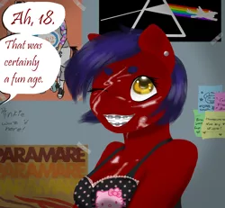 Size: 1300x1200 | Tagged: suggestive, artist:horsesrnaked, derpibooru import, oc, oc:fluffycuffs, anthro, earth pony, barely legal, bra, braces, clothes, cum, cum on body, cum on chest, dialogue, dialogue box, dialogue edit, ear piercing, earring, eyebrows, facial, flashback, graffiti, hello kitty, image, jewelry, one eye closed, piercing, pink floyd, png, polka dots, poster, poster parody, scene kid, solo, speech bubble, sticky note, tape, text, underwear, wink