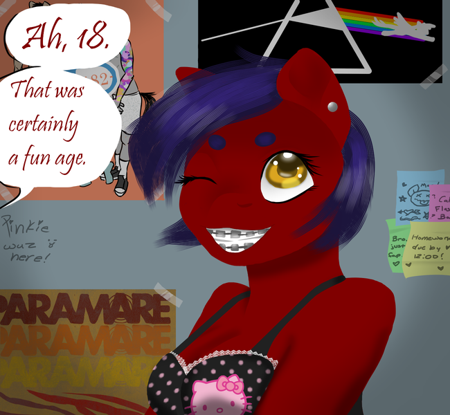 Size: 1300x1200 | Tagged: suggestive, artist:horsesrnaked, derpibooru import, oc, oc:fluffycuffs, anthro, earth pony, barely legal, bra, clothes, dialogue, dialogue box, dialogue edit, ear piercing, earring, eyebrows, flashback, graffiti, hello kitty, image, jewelry, one eye closed, piercing, png, polka dots, poster, poster parody, scene kid, solo, speech bubble, sticky note, tape, text, underwear, wink