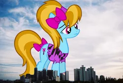 Size: 1818x1228 | Tagged: safe, artist:thegiantponyfan, artist:tsabak, derpibooru import, turf, earth pony, pony, bow, clothes, female, giant pony, giant/macro earth pony, giantess, hair bow, hawaii, highrise ponies, honolulu, image, irl, looking down, macro, mare, mega giant, photo, png, ponies in real life, standing, tail, tail bow