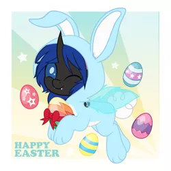 Size: 5000x5000 | Tagged: safe, artist:jhayarr23, derpibooru import, part of a set, oc, oc:swift dawn, unofficial characters only, changeling, animal costume, blue changeling, blue eyes, bow, bunny costume, bunny suit, changeling oc, clothes, commission, costume, cute, easter, easter egg, egg, fangs, floppy ears, fluffy tail, holiday, horn, image, looking at you, male, ocbetes, one eye closed, png, ribbon, simple background, smiling, solo, tail, text, wings, wink, winking at you, ych result