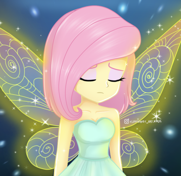 Size: 726x704 | Tagged: safe, artist:fluttershy_art.nurul, derpibooru import, fluttershy, equestria girls, beautiful x, cute, eyeshadow, fairy wings, female, image, makeup, pink hair, png, sad, shine, short hair, solo, wings