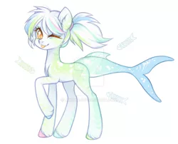 Size: 1024x829 | Tagged: safe, artist:miioko, derpibooru import, oc, unofficial characters only, original species, pony, shark, shark pony, :p, deviantart watermark, ear fluff, image, jpeg, obtrusive watermark, one eye closed, raised hoof, simple background, solo, tongue out, watermark, white background, wink