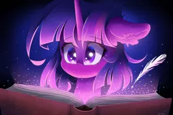 Size: 1280x854 | Tagged: safe, artist:natanvok, derpibooru import, twilight sparkle, pony, book, bust, colored pupils, ear fluff, feather, female, floppy ears, horn, image, jpeg, mare, quill, solo, sparkles