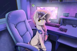 Size: 1280x854 | Tagged: oc name needed, safe, artist:natanvok, derpibooru import, oc, unofficial characters only, pony, unicorn, bookshelf, clock, computer, computer chair, computer mouse, computer screen, digital clock, evening, female, headphones, headset, horn, image, jpeg, keyboard, long horn, looking at you, mare, microphone, mousepad, office chair, side view, solo, sticky note, unshorn fetlocks, yellow eyes