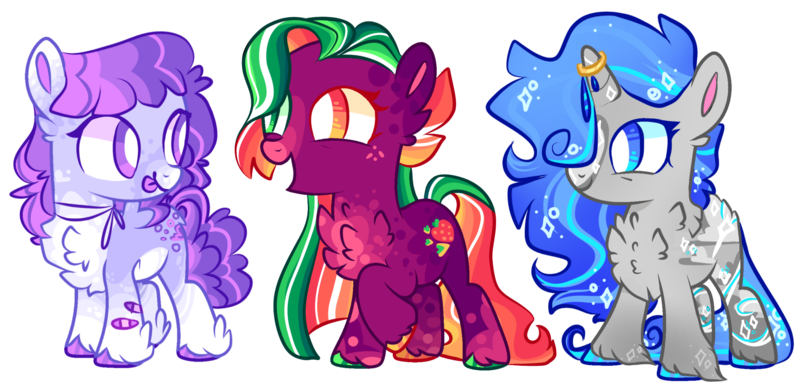 Size: 2209x1070 | Tagged: safe, artist:goldlines005, derpibooru import, oc, unofficial characters only, earth pony, pegasus, pony, unicorn, :p, base used, chest fluff, earth pony oc, heterochromia, hoof polish, horn, horn ring, image, jewelry, pegasus oc, png, ring, simple background, tongue out, transparent background, unicorn oc, white pupils, wings