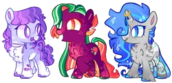 Size: 2209x1070 | Tagged: safe, artist:goldlines005, derpibooru import, oc, unofficial characters only, earth pony, pegasus, pony, unicorn, :p, base used, chest fluff, earth pony oc, heterochromia, hoof polish, horn, horn ring, image, jewelry, pegasus oc, png, ring, simple background, tongue out, transparent background, unicorn oc, white pupils, wings