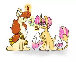 Size: 3521x2889 | Tagged: safe, artist:goldlines005, derpibooru import, oc, unofficial characters only, alicorn, hybrid, kirin, alicorn oc, candy, chest fluff, duo, food, glasses, glow, glowing horn, horn, image, interspecies offspring, kirin oc, magic, magical lesbian spawn, offspring, parent:applejack, parent:autumn blaze, parent:starlight glimmer, parent:sunburst, parents:autumnjack, parents:starburst, png, simple background, spread wings, telekinesis, white background, wings