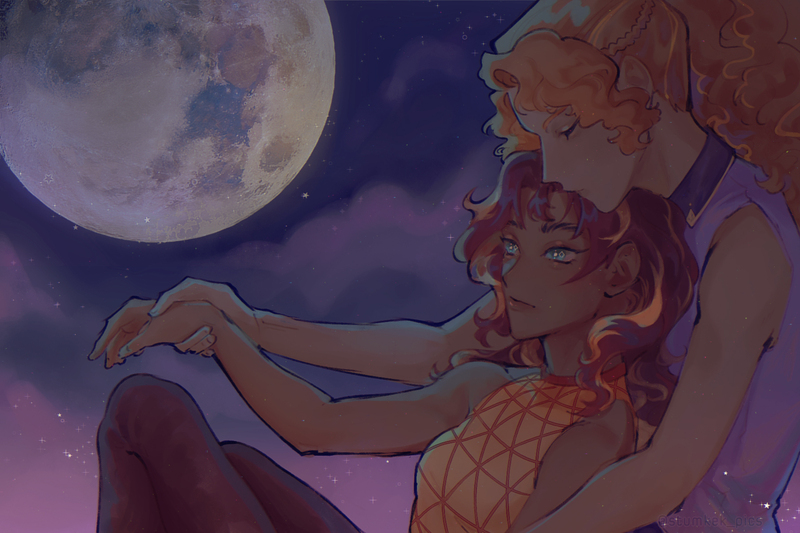 Size: 1800x1200 | Tagged: safe, artist:stummm, derpibooru import, adagio dazzle, sunset shimmer, equestria girls, bare shoulders, female, hug, image, jpeg, lesbian, moon, night, shipping, sunsagio