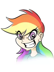 Size: 3543x4724 | Tagged: safe, artist:elstiv, derpibooru import, rainbow dash, human, bust, clothes, eyelashes, female, grin, humanized, image, jpeg, simple background, smiling, solo, white background