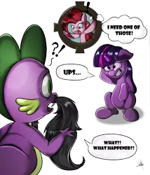 Size: 3543x4134 | Tagged: safe, artist:elstiv, derpibooru import, pinkie pie, spike, twilight sparkle, dragon, earth pony, pony, unicorn, accident, exclamation point, facial hair, female, image, interrobang, male, mare, moustache, png, question mark, signature, simple background, surprised, transparent background, unicorn twilight