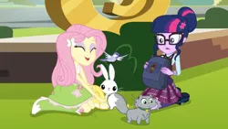 Size: 3410x1920 | Tagged: safe, derpibooru import, screencap, angel bunny, fluttershy, sci-twi, twilight sparkle, bird, cat, rabbit, equestria girls, friendship games, animal, backpack, boots, clothes, eyes closed, female, glasses, hairpin, high res, image, jpeg, magic capture device, male, open mouth, open smile, shoes, smiling