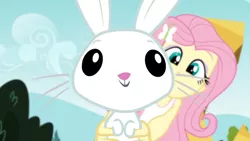 Size: 3410x1920 | Tagged: safe, derpibooru import, screencap, angel bunny, fluttershy, rabbit, equestria girls, friendship games, angelbetes, animal, close-up, cute, duo, female, hairpin, high res, image, jpeg, male, smiling