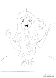Size: 2952x4133 | Tagged: safe, artist:elstiv, derpibooru import, oc, human, pony, robot, robot pony, adventure time, clothes, crossover, derp, female, image, jpeg, laughing, lineart, monochrome, princess bubblegum, simple background, solo, white background