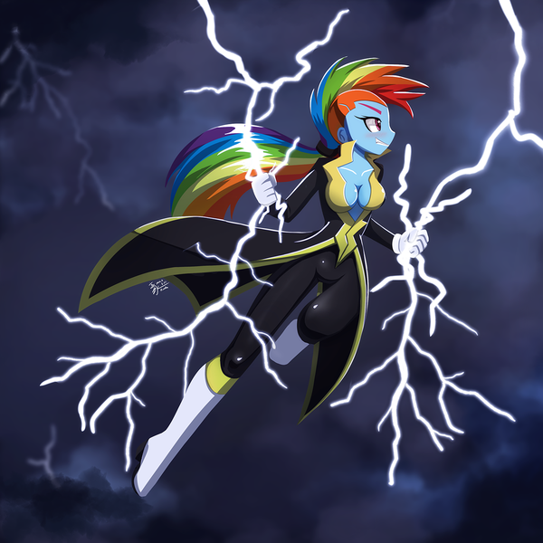 Size: 1280x1280 | Tagged: safe, artist:howxu, derpibooru import, rainbow dash, equestria girls, absolute cleavage, blushing, breasts, busty rainbow dash, cleavage, clothes, cloud, commission, costume, female, flying, gloves, gritted teeth, image, lightning, png, shoes, smiling, solo, superhero, thunder