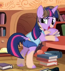 Size: 1042x1131 | Tagged: safe, artist:anonymous, derpibooru import, twilight sparkle, human, pony, unicorn, book, bookshelf, clothes, eye color change, golden oaks library, human to pony, image, library, png, shirt, shorts, show accurate, solo, transformation, unicorn twilight