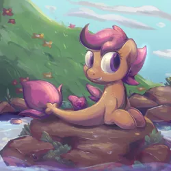 Size: 1024x1024 | Tagged: safe, artist:kukie, derpibooru import, scootaloo, pony, seapony (g4), cloud, cute, derpibooru exclusive, detailed background, eyelashes, female, filly, flower, foal, grass, image, looking right, lying down, png, prone, rock, seaponified, seapony scootaloo, signature, sky, smiling, solo, species swap, water