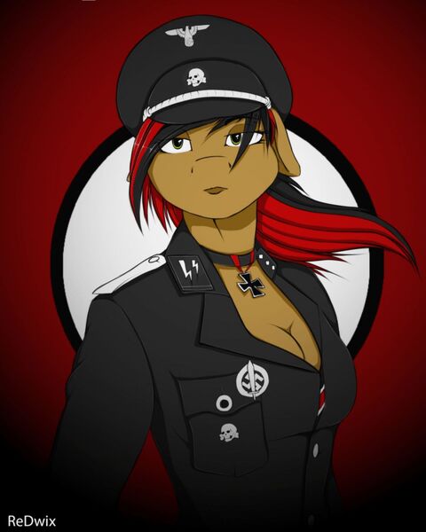 Size: 1280x1600 | Tagged: suggestive, artist:redwix, derpibooru import, oc, anthro, breasts, clothes, collar, female, flag, german, germany, hat, image, insignia, iron cross, jacket, jpeg, looking at someone, nazi, red background, reichsadler, schutzstaffel, sexy, simple background, solo, totenkopf, uniform, world war ii