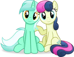 Size: 4465x3460 | Tagged: safe, artist:anime-equestria, derpibooru import, bon bon, lyra heartstrings, sweetie drops, earth pony, pony, unicorn, grannies gone wild, duo, female, horn, image, looking at you, mare, png, simple background, sitting, smiling, transparent background, vector