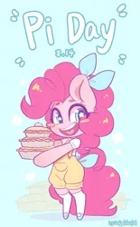 Size: 1058x1702 | Tagged: safe, artist:colorfulcolor233, derpibooru import, pinkie pie, earth pony, pony, semi-anthro, bipedal, clothes, food, image, jpeg, pi day, pie, smiling, solo, starry eyes, wingding eyes