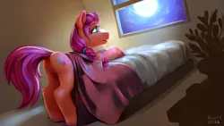 Size: 3200x1800 | Tagged: safe, artist:anon_1515, derpibooru import, sunny starscout, earth pony, pony, bed, bedroom, blanket, butt, eyebrows, featureless crotch, female, flower pot, g5, hair tie, high res, image, indoors, lamp, looking offscreen, moon, night, open mouth, painterly, plant, png, ponytail, raised tail, signature, solo, solo female, stars, sunny starbutt, tail, window