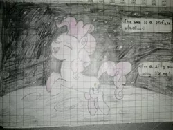 Size: 3968x2976 | Tagged: safe, artist:pashkek, derpibooru import, pinkie pie, pony, comic:friendless moon, blue eyes, graph paper, happy, image, jpeg, jumping, moon, singing, smiling, solo, space, text, traditional art