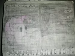 Size: 3968x2976 | Tagged: safe, artist:pashkek, derpibooru import, pinkie pie, pony, comic:friendless moon, blue eyes, graph paper, image, jpeg, looking back, moon, singing, solo, space, text, traditional art